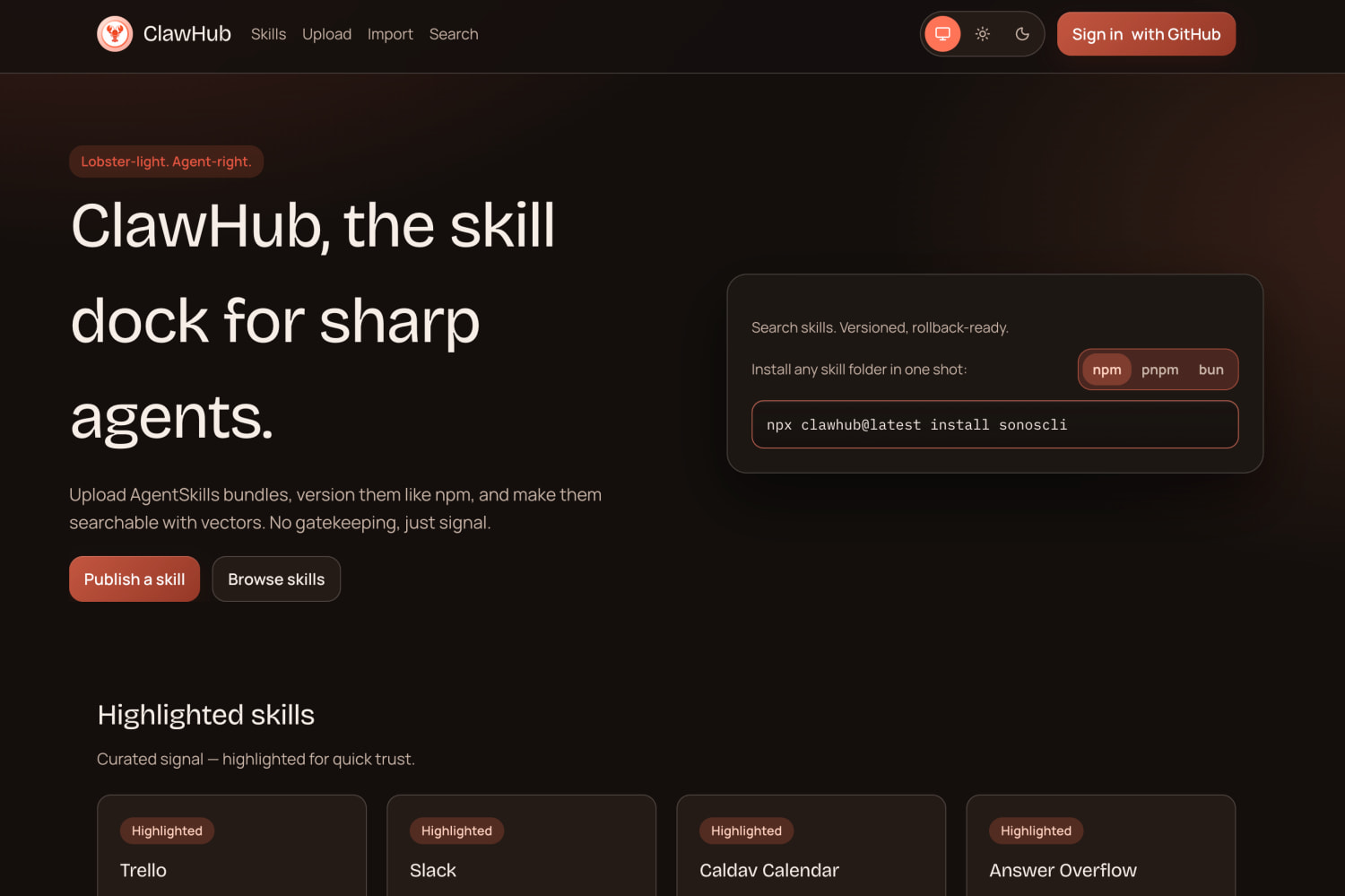 ClawHub官网：OpenClaw AI Agent 技能注册平台，像 npm 一样管理 AgentSkills